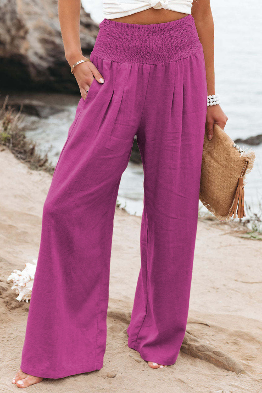Brown Smocked Wide Waistband High Waist Wide Leg Pants