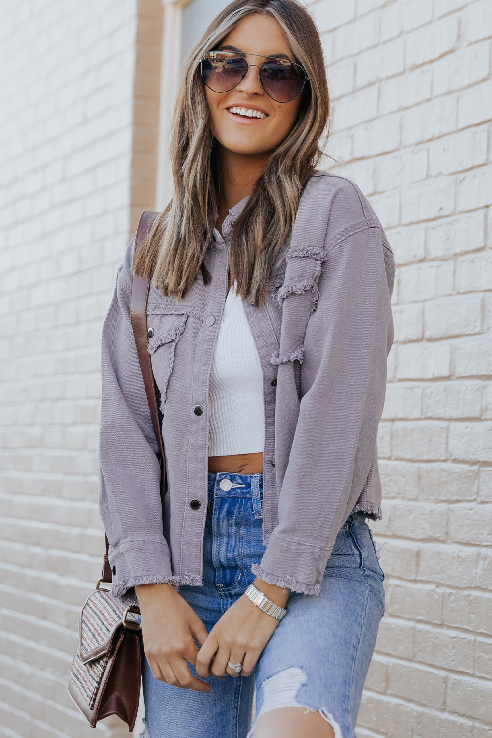 Green Distressed Flap Pockets Frayed Hem Denim Jacket