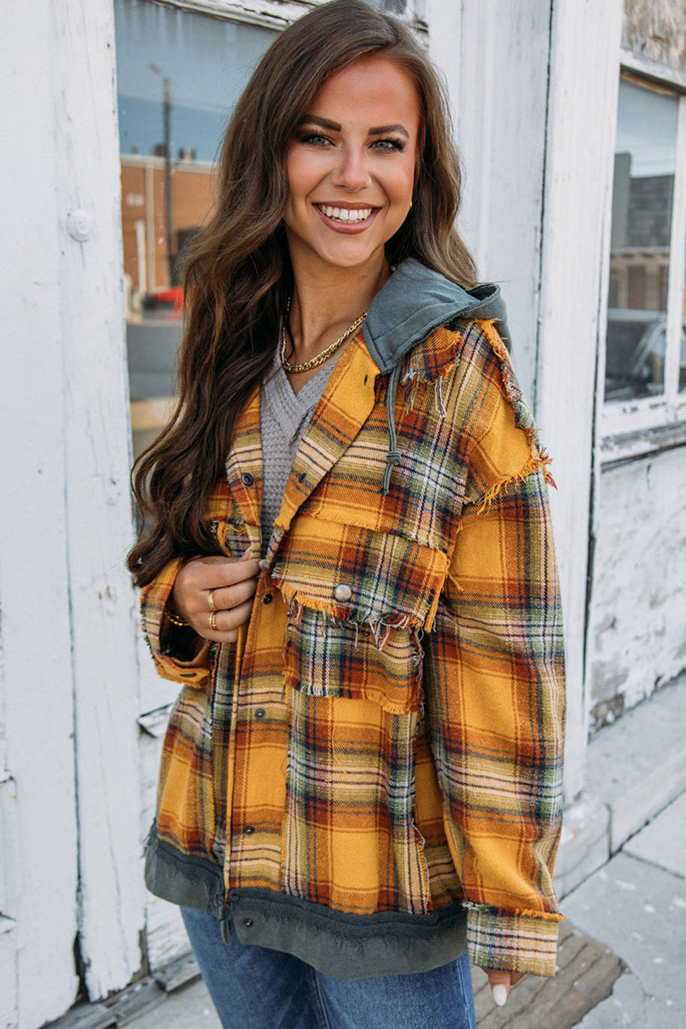 Orange Plaid Patchwork Frayed Trim Snap Button Hooded Jacket