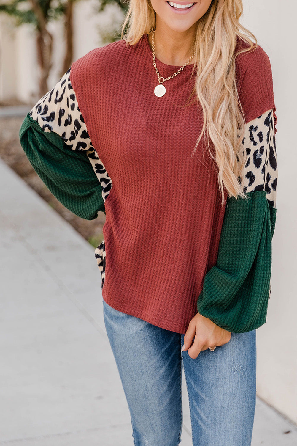Brown Waffle Leopard Splicing Bishop Sleeve Top