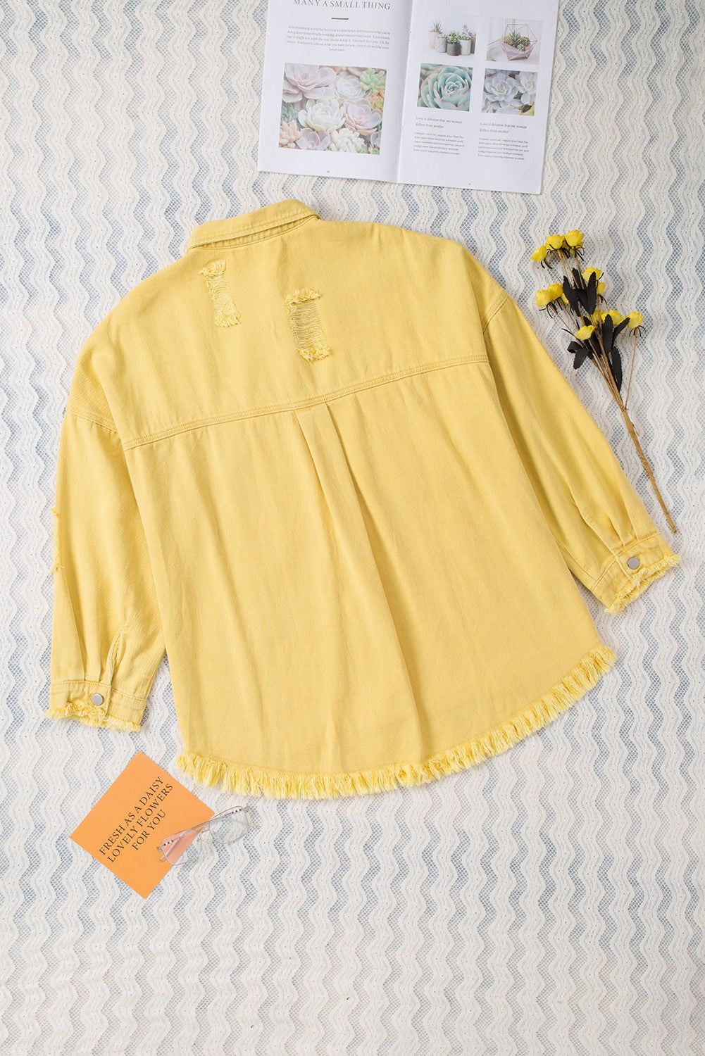 Yellow Distressed Raw Hem Denim Jacket with Chest Pockets