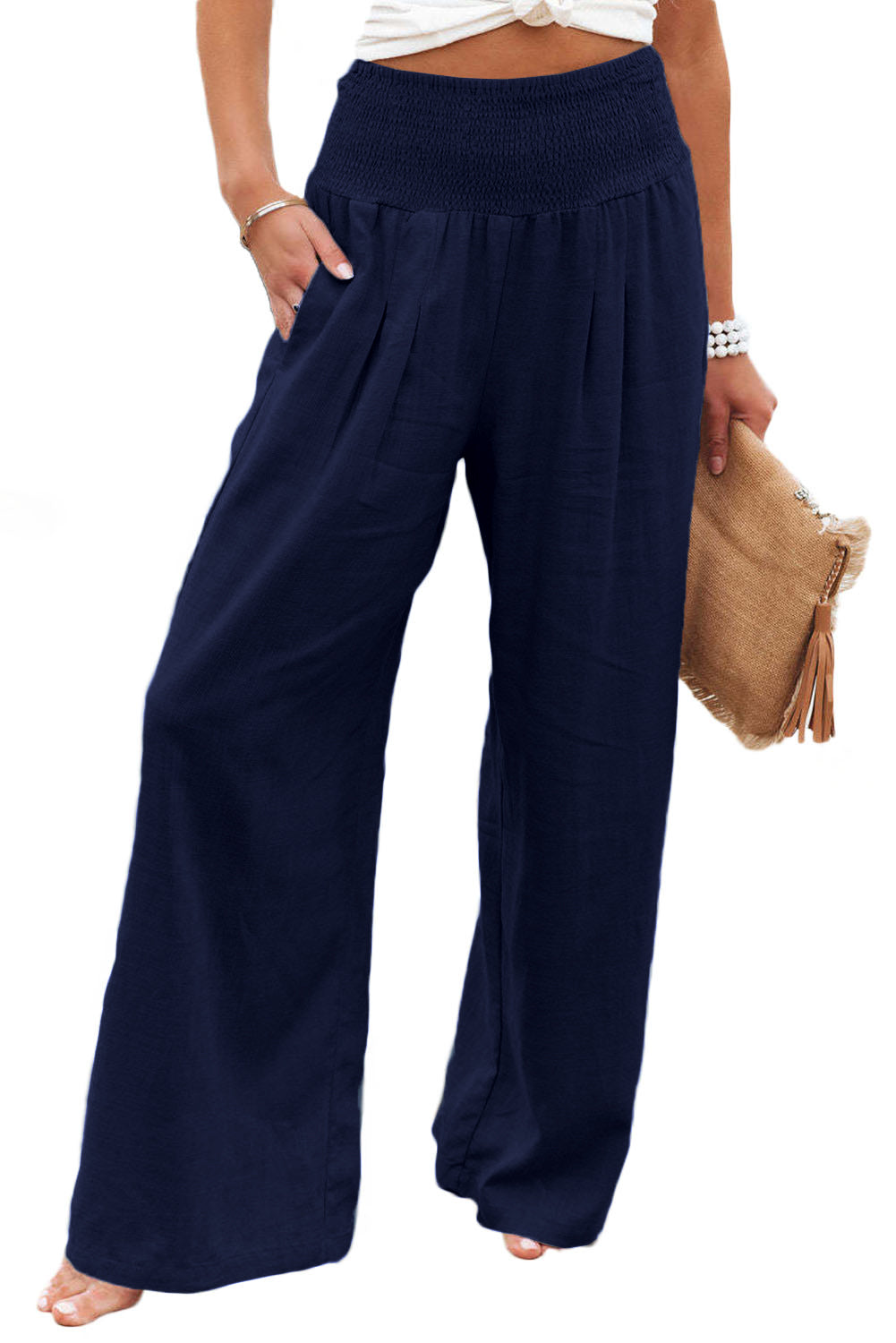 Brown Smocked Wide Waistband High Waist Wide Leg Pants