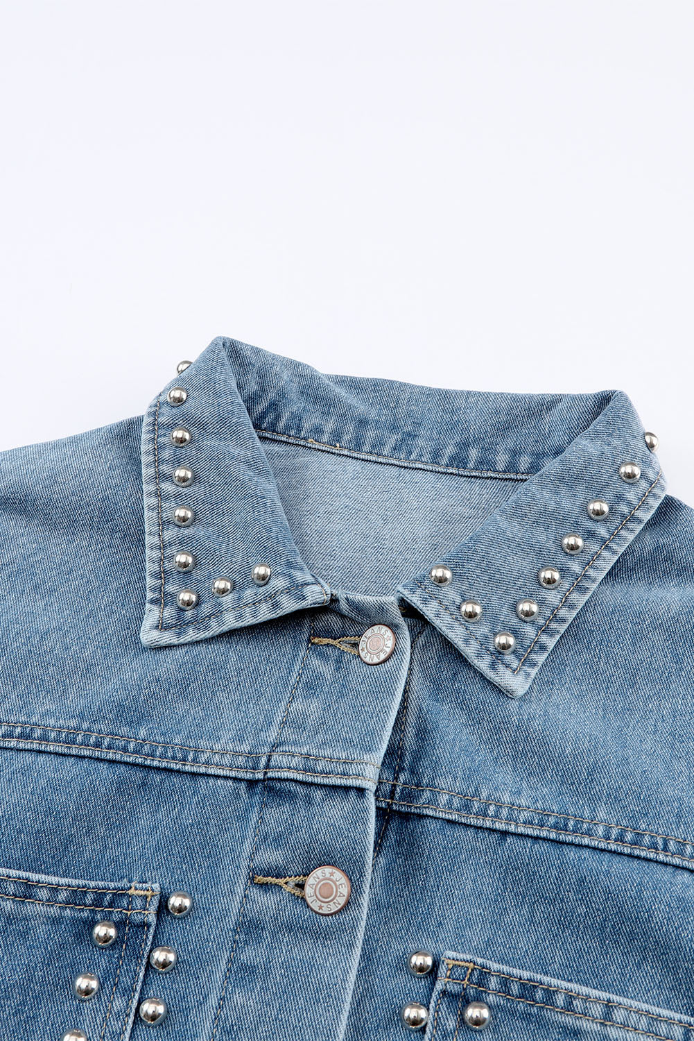 Blue Studded Button Up Light Wash Cropped Denim Jacket