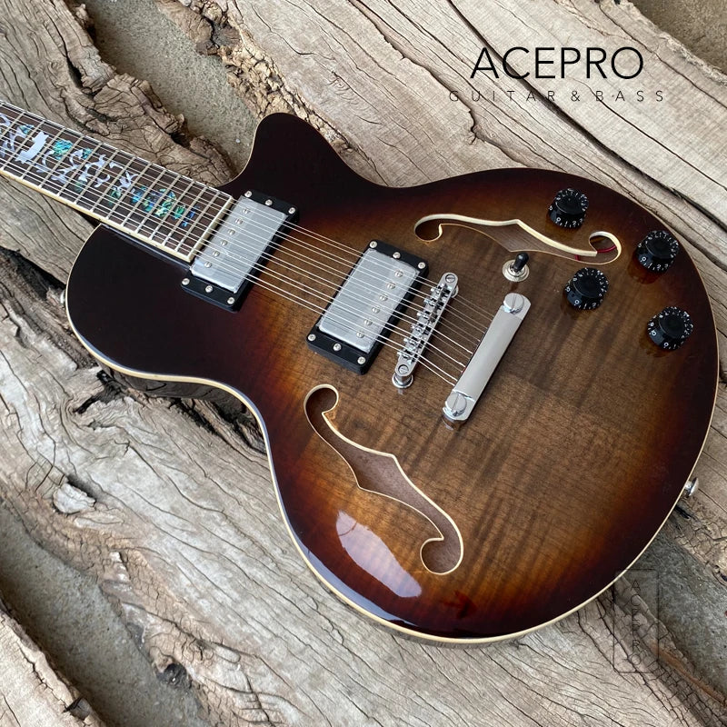 12 String Electric Guitar Semi Hollow Body (F-Holes & Abalone Flower Inlays ) - Cobra Flamed Maple