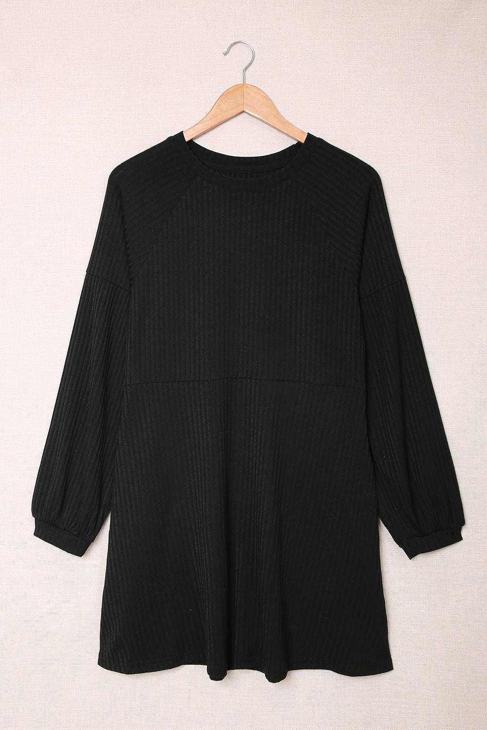 Black Round Neck Empire Waist Ribbed Short Knit Dress