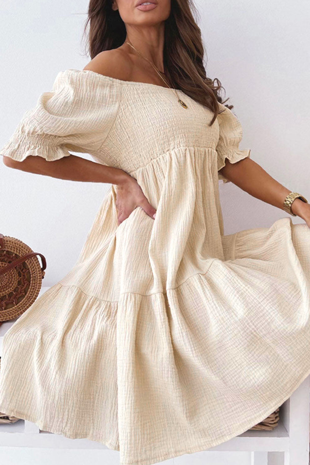 Apricot Puff Sleeve Square Neck Smocked Babydoll Dress