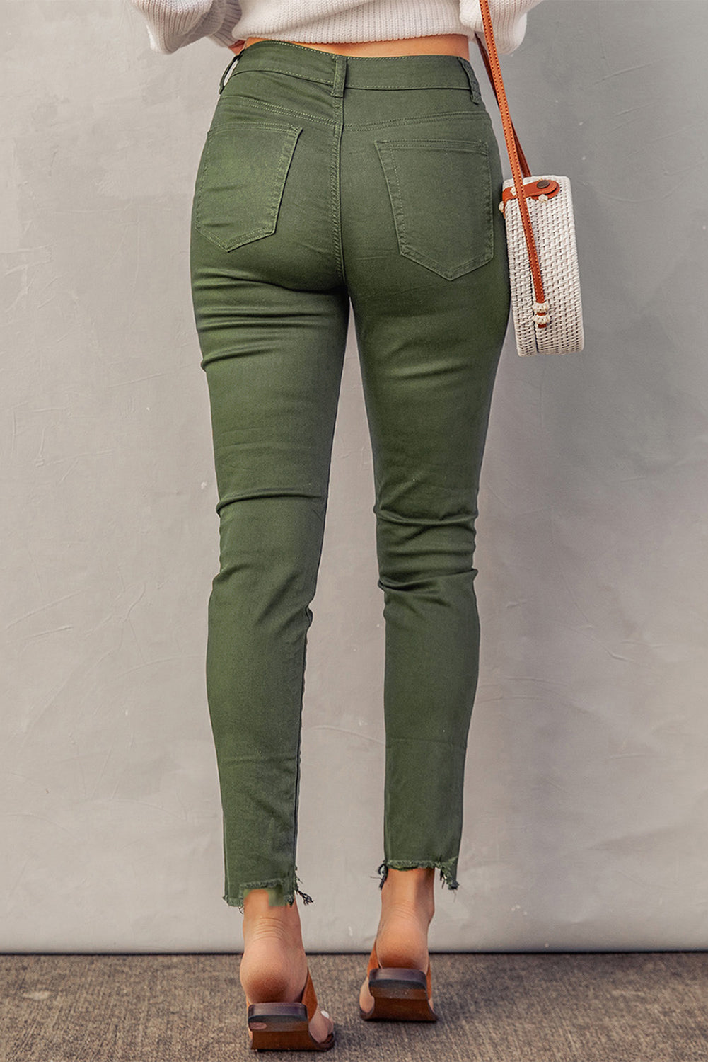 White Plain Buttons Frayed Raw Hem High Waist Denim Jeans