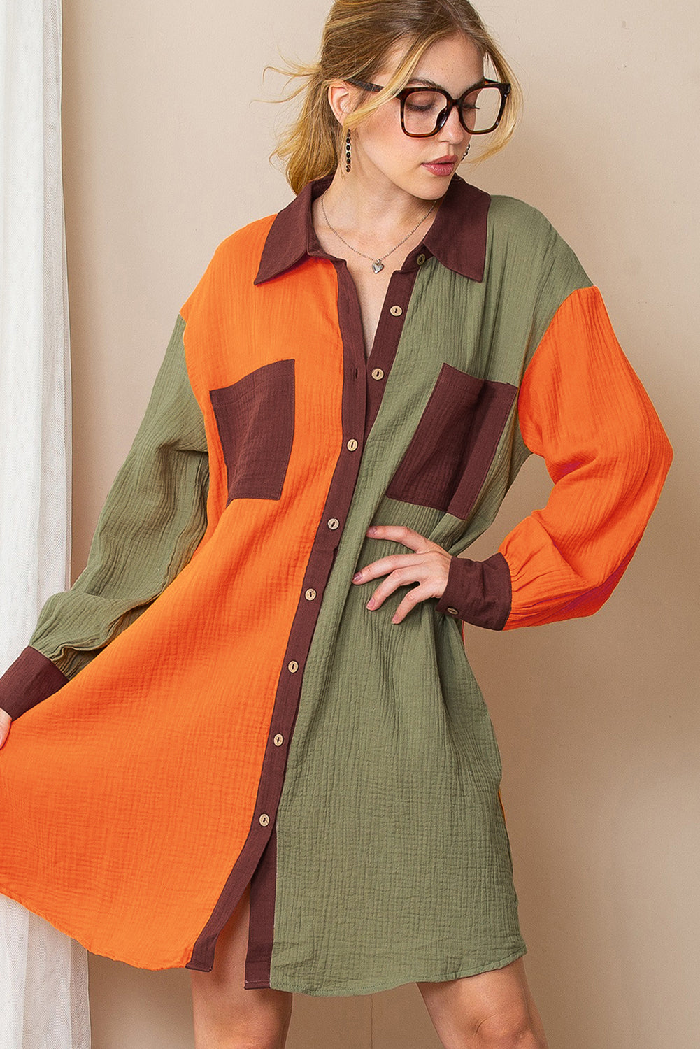 Brown Crinkled Patchwork Button Up Loose Mini Dress