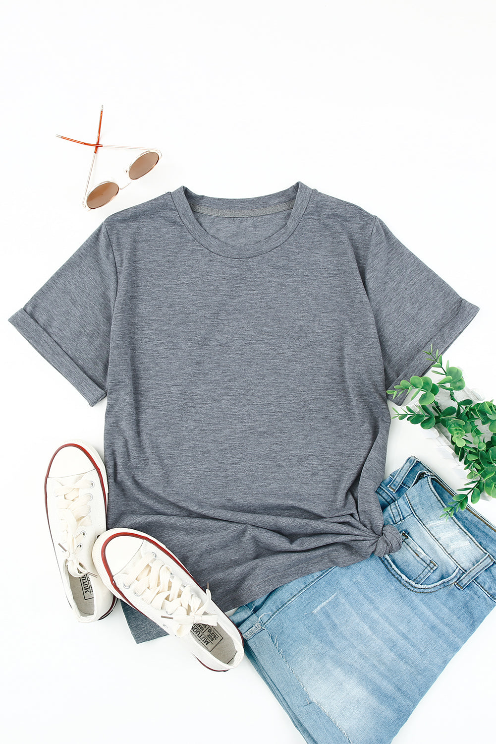 Green Plain Solid Color Crew Neck Tee