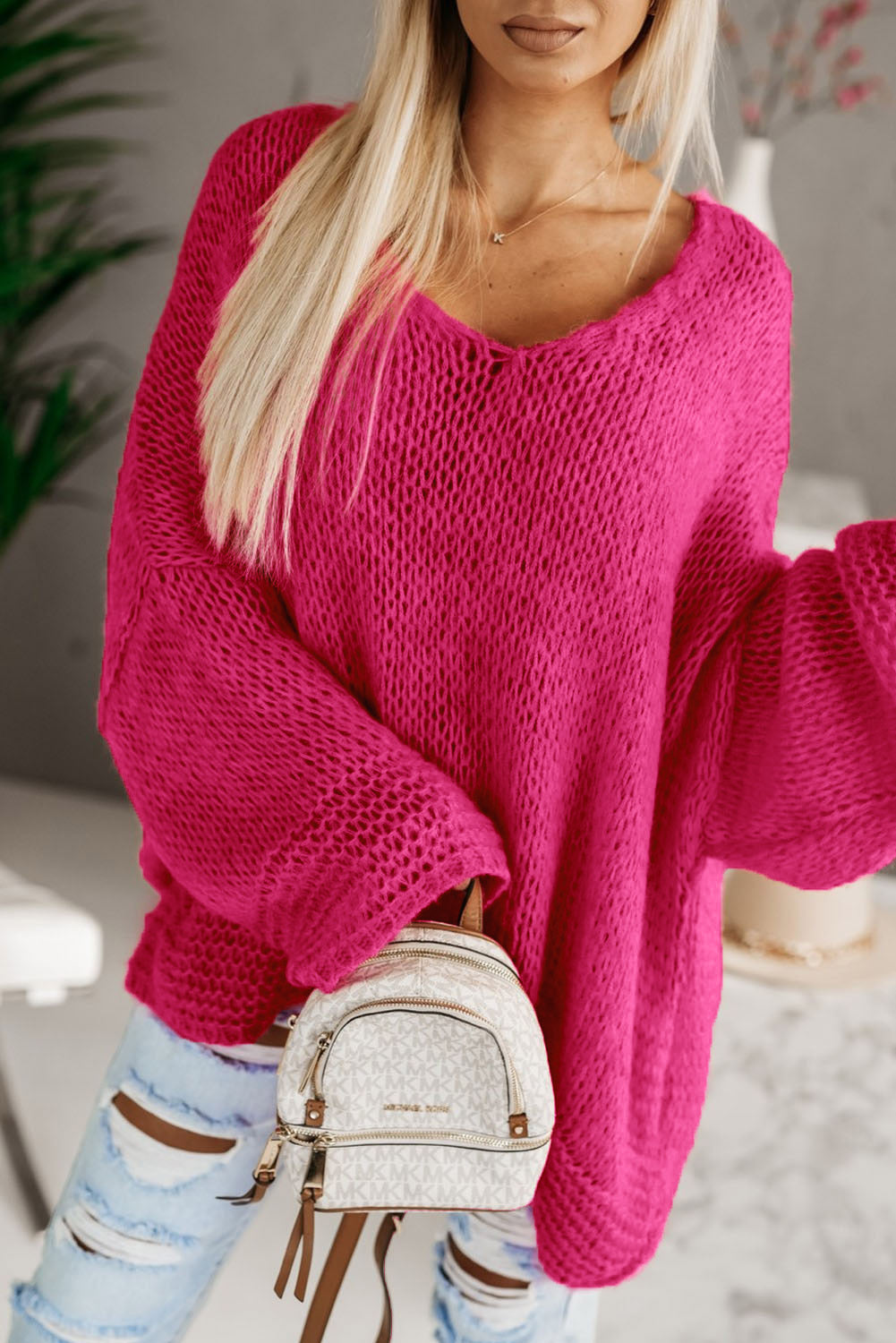 Apricot Knitted V Neck Drop Sleeve Oversized Sweater