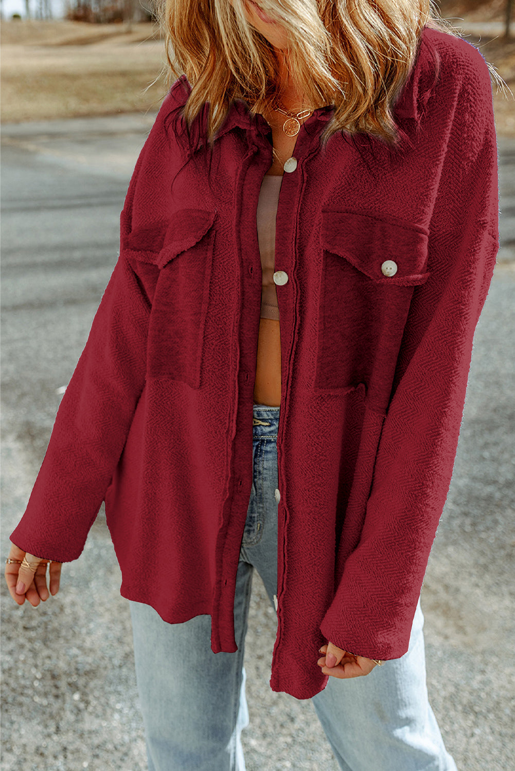 Black Plain Textured Button Up Shirt Shacket with Flap Pockets