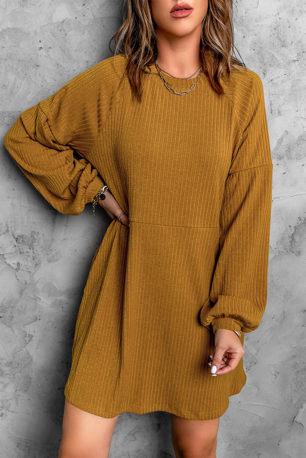 Black Round Neck Empire Waist Ribbed Short Knit Dress