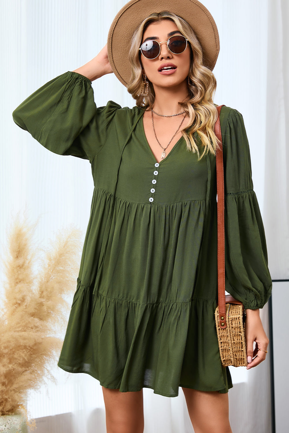 Verdant Bishop Sleeve Tie Front Tiered Pleated Short Dress