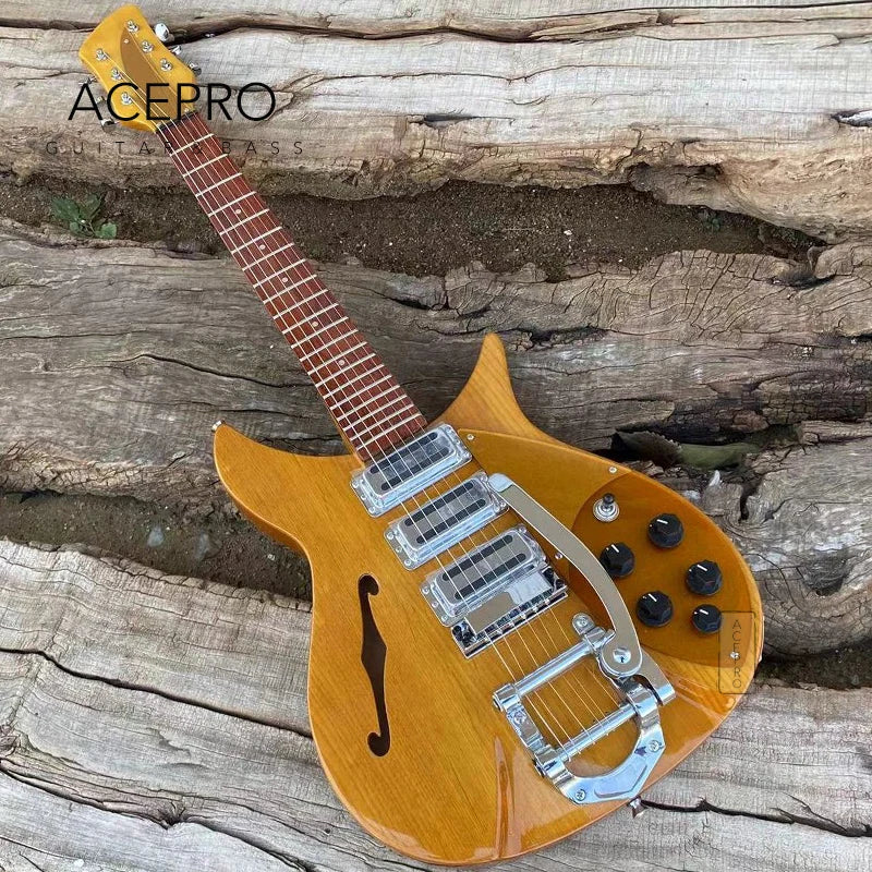Light Yellow Alder Body, 325 F-hole Semi Hollow Body Electric Guitar (Tremolo Bridge, Three Pickups, 20 3/4 Scale)