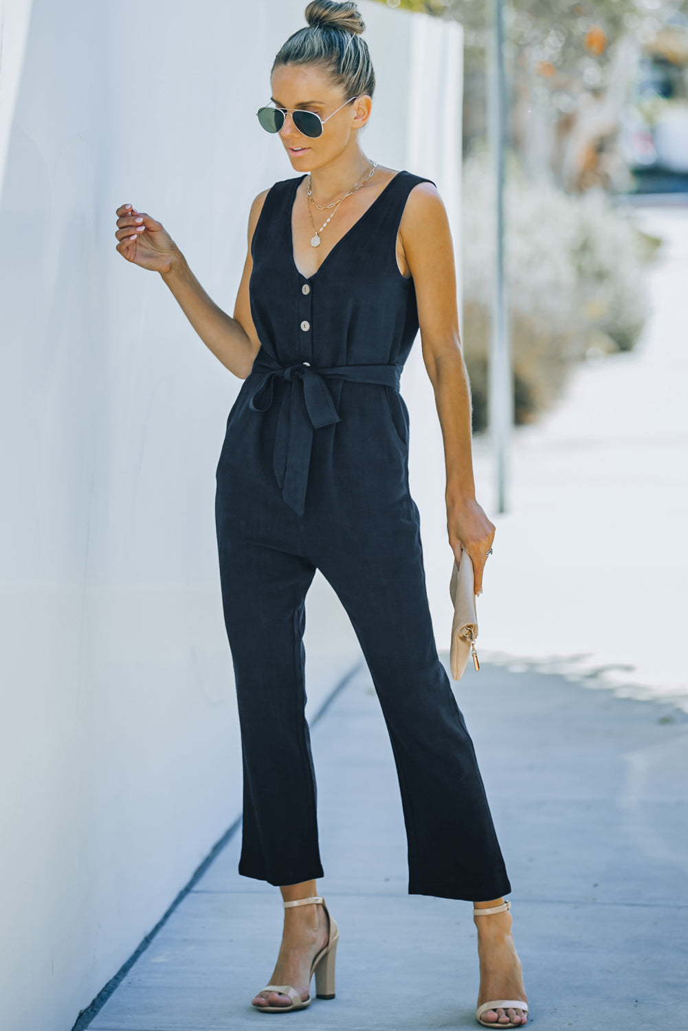 Blue V Neck Button Belted Jumpsuit With Pockets