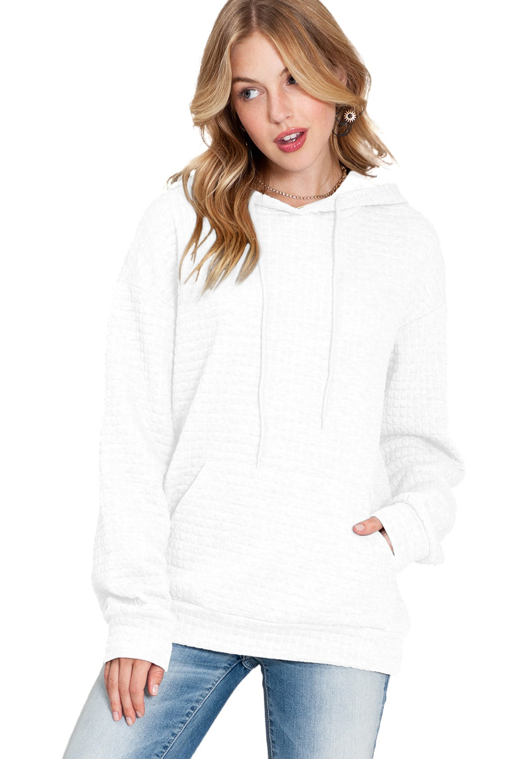 Khaki Lattice Textured Kangaroo Pocket Drawstring Hoodie