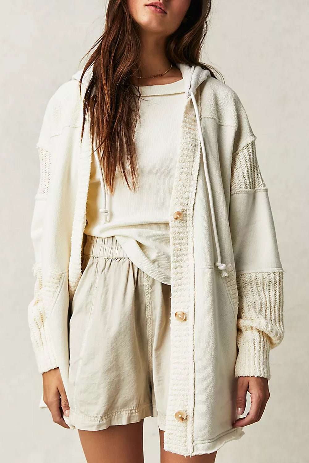 Beige Solid Color Button Down Long Hooded Cardigan
