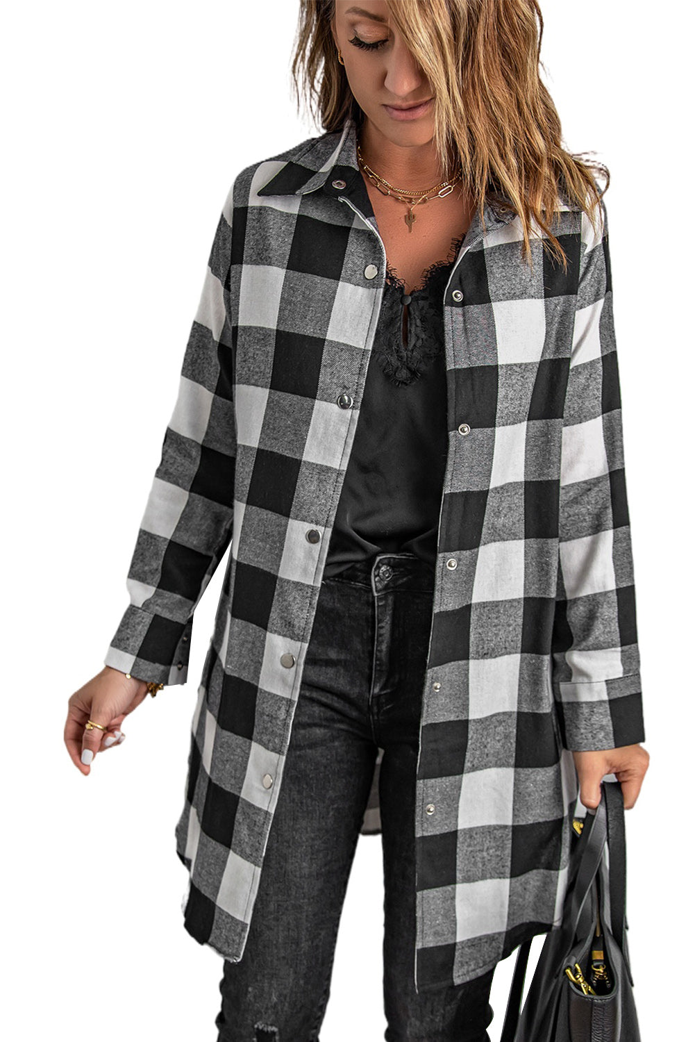 Red Plaid Collared Button Down Long Shirt Shacket