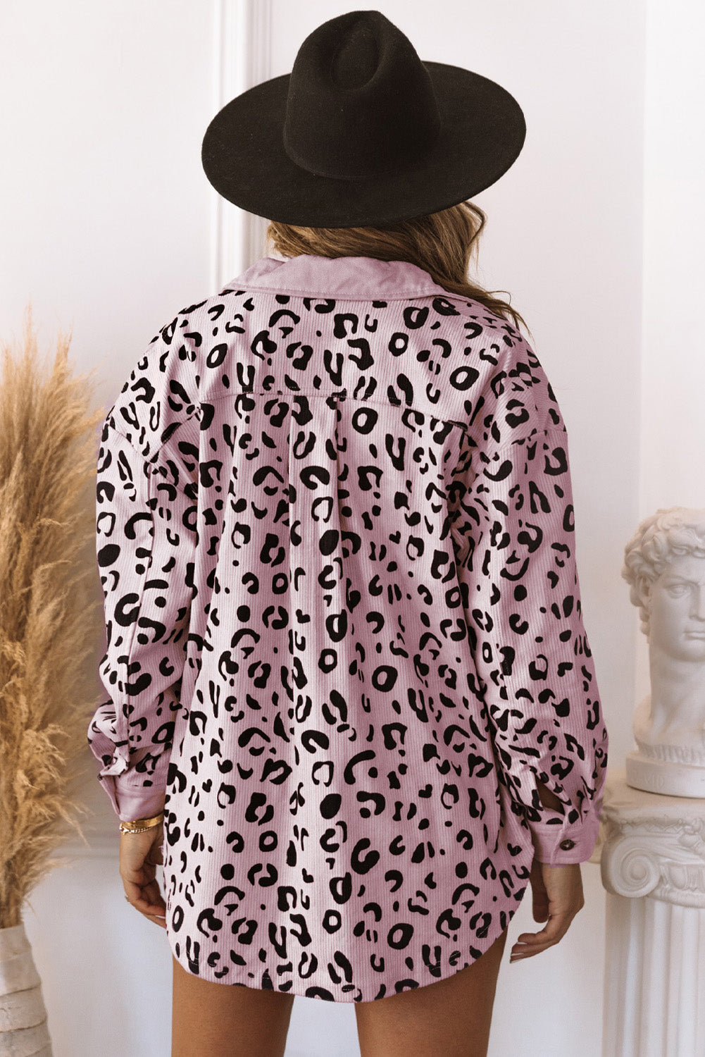 Apricot Leopard Collared Neckline Flap Pockets Corduroy Shacket