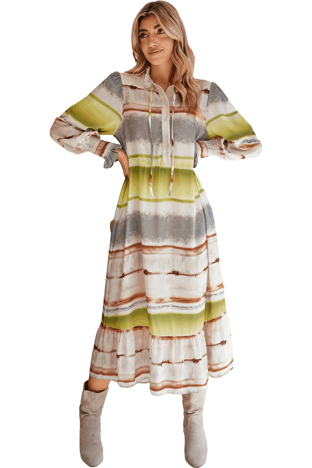 Multicolor Lace Up Tie-dye Print Long Shirt Dress