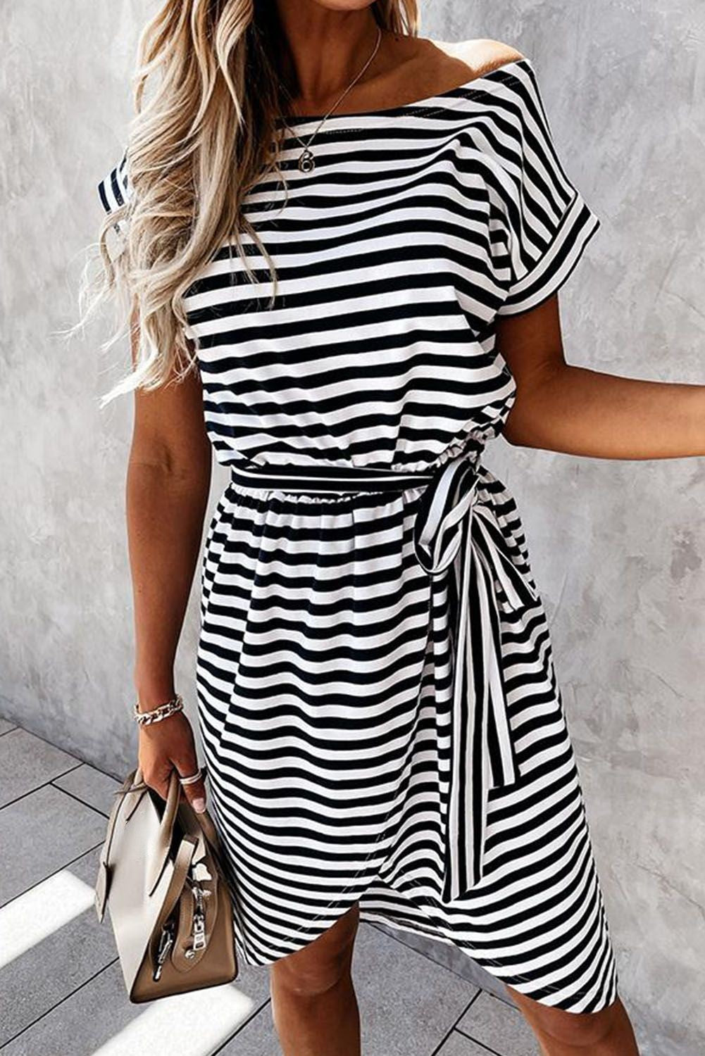 Black Stripe Belted Wrapped Hemline T-Shirt Dress