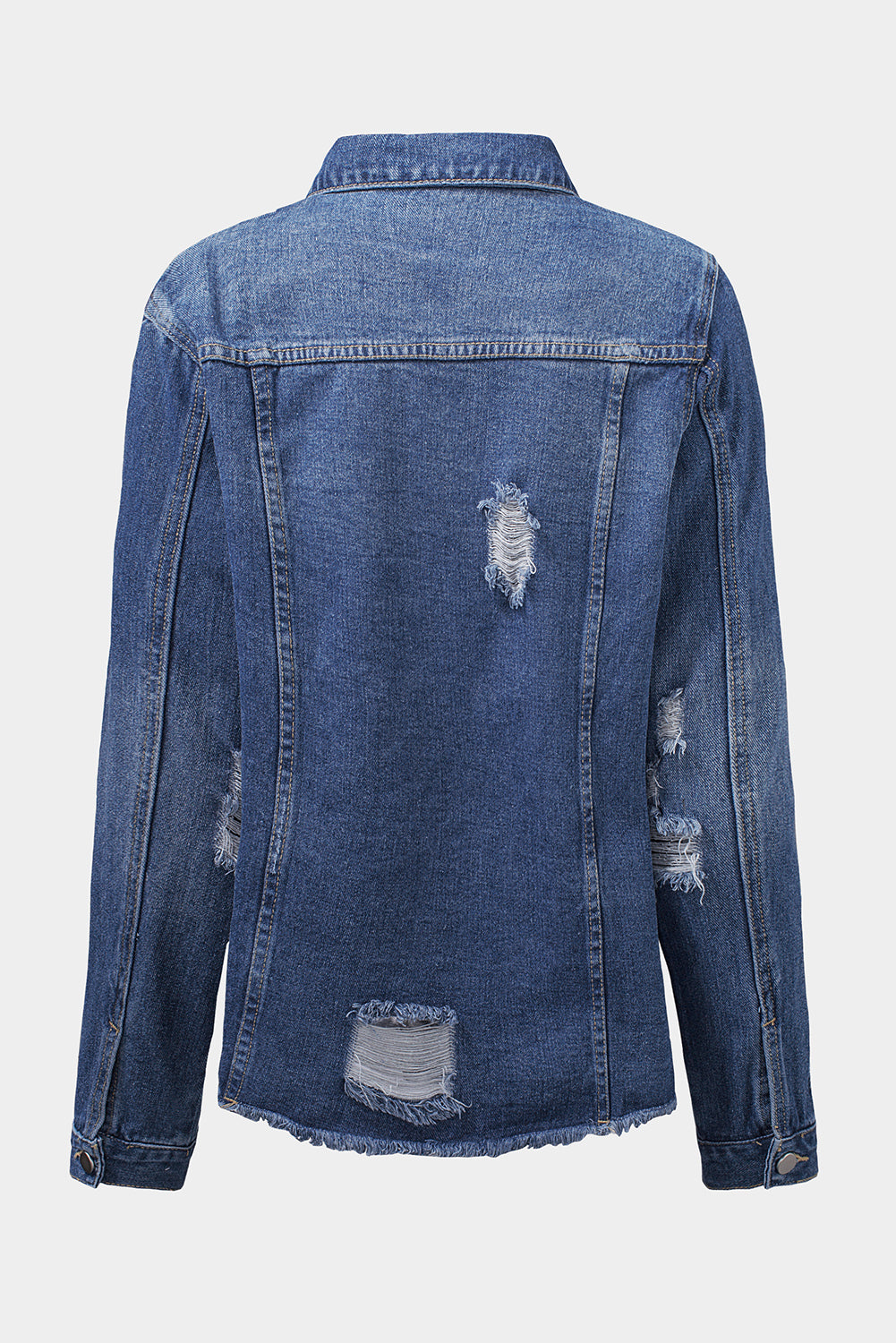 Black Casual Distressed Raw Hem Buttons Denim Jacket