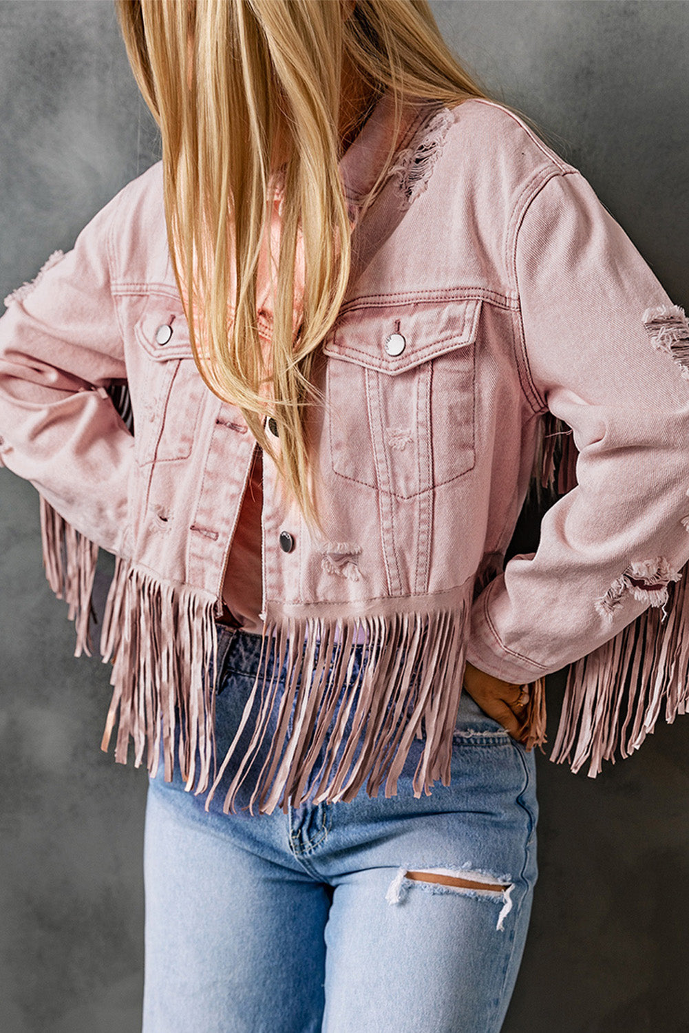 Pink Distressed Ripped Fringe Hem Cropped Denim Jacket