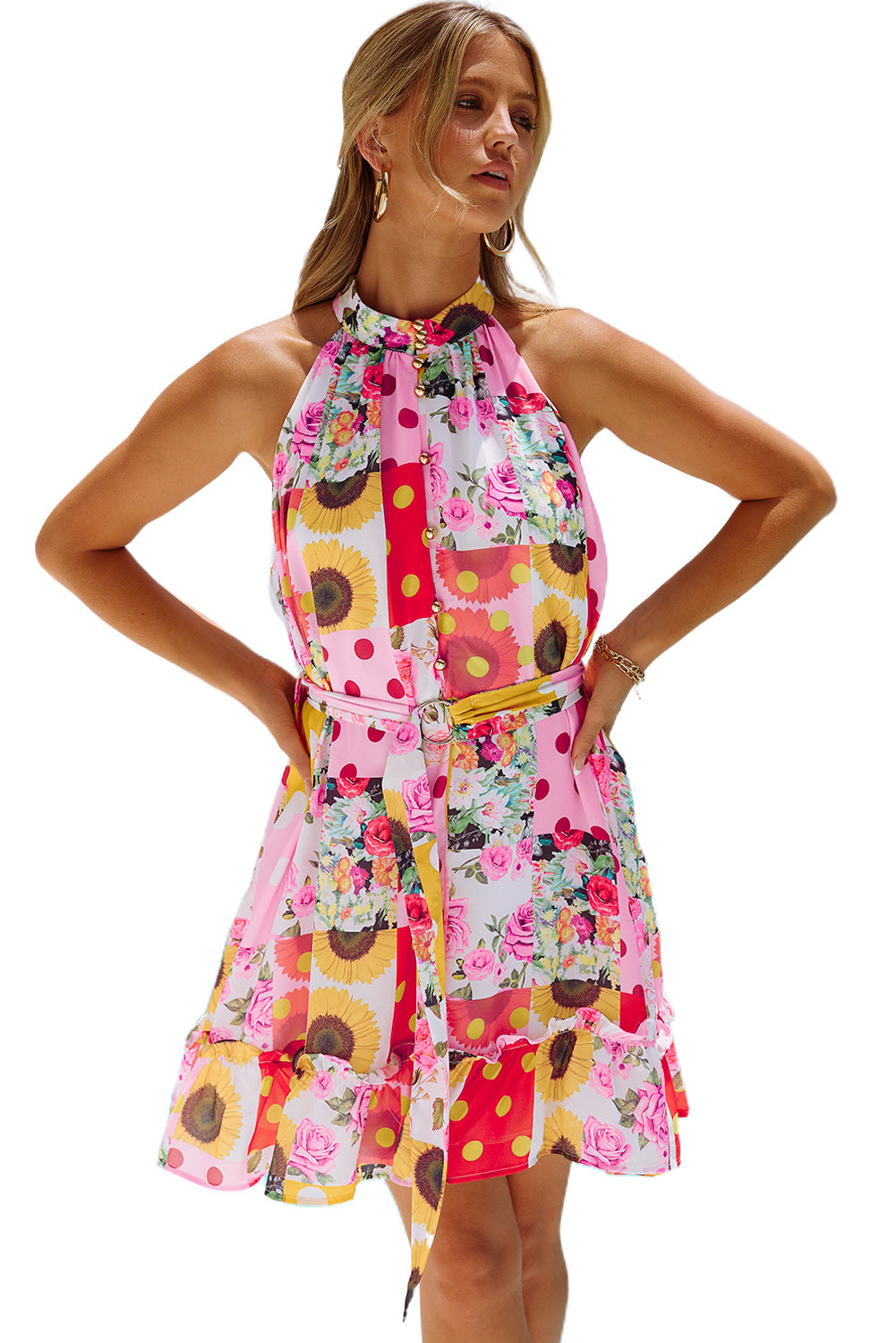 Floral Print Buttoned Waist Belted Sleeveless Flounce Hem Halter Dress