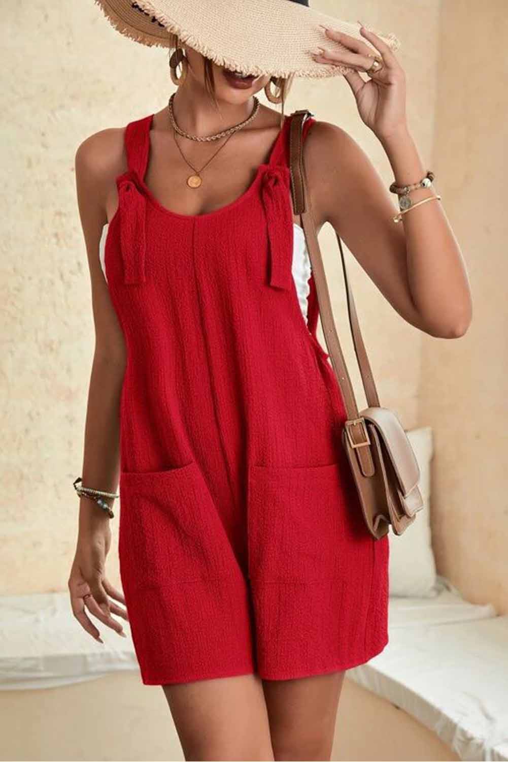 Black Shoulder Strap Pocket Textured Romper