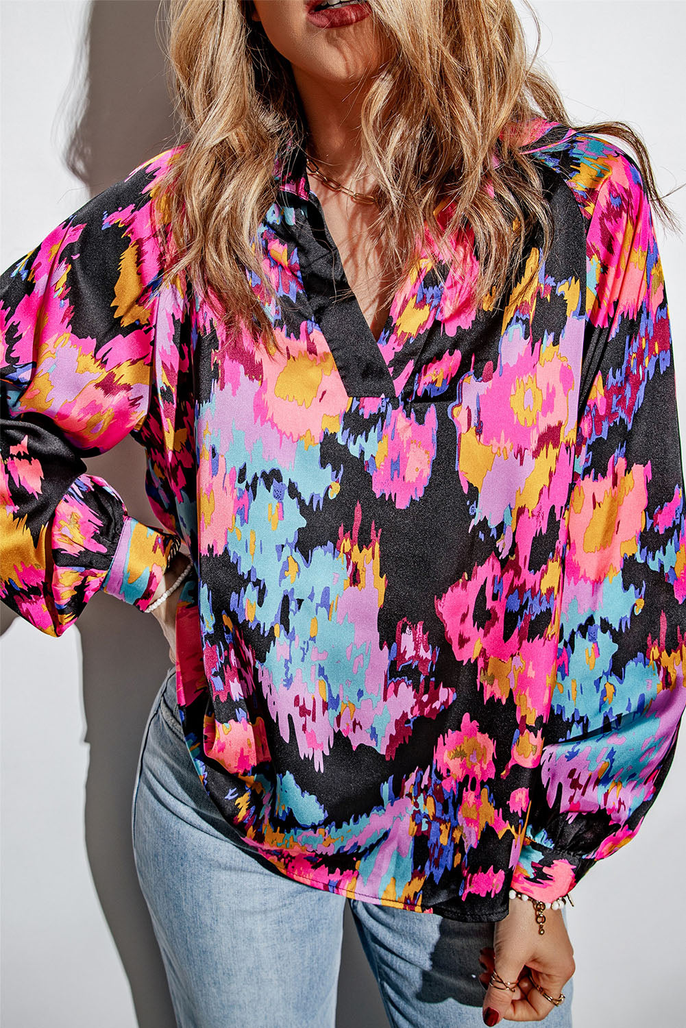 Green Graffiti Colorblock Casual V Neck Puff Sleeve Blouse