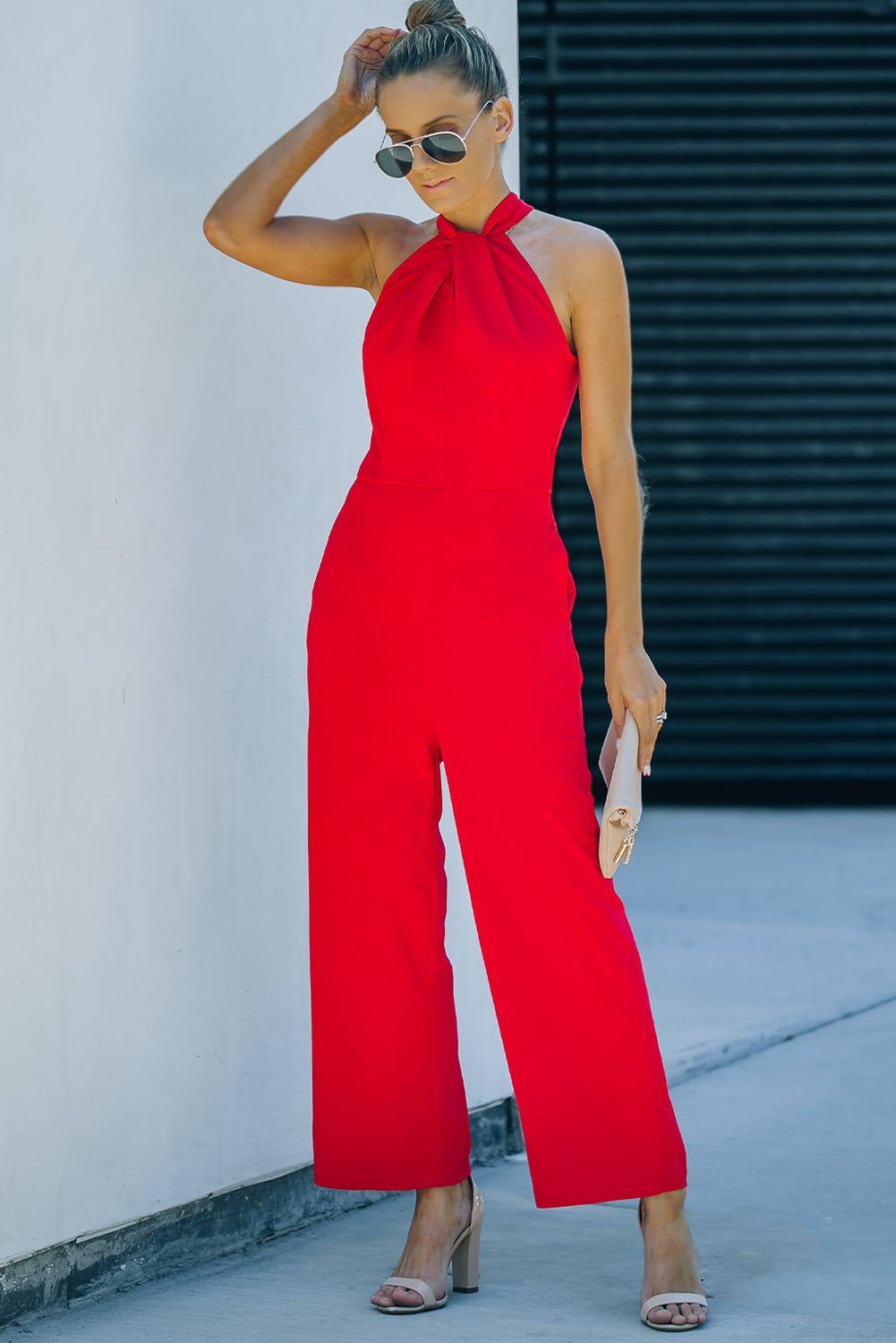 Casual Twist Neck Back Cut Out Sleeveless Red Jumpsuit