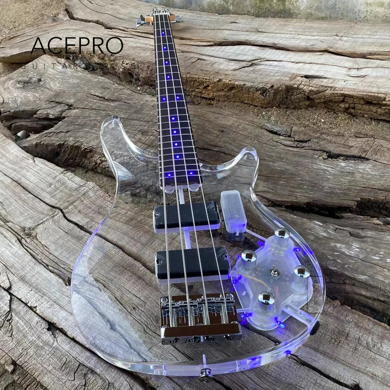 Clear Acrylic Crystal Body 4 String LED Electric Bass Guitar