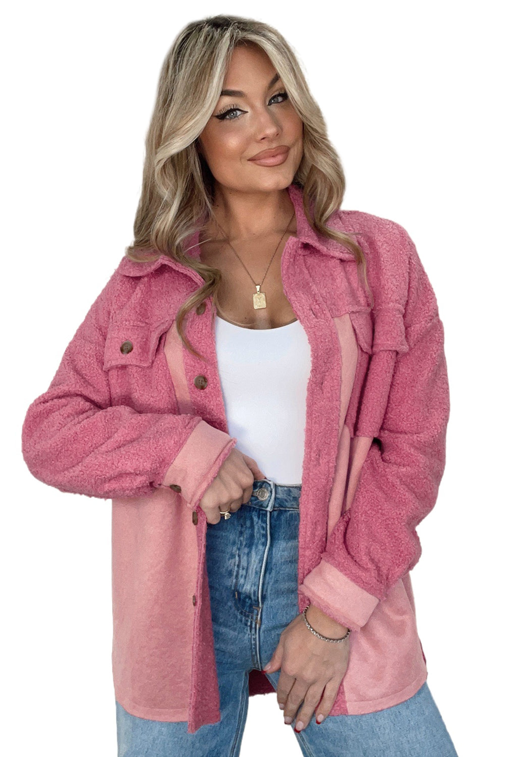 Pink Colorblock Buttoned Flap Pocket Sherpa Jacket