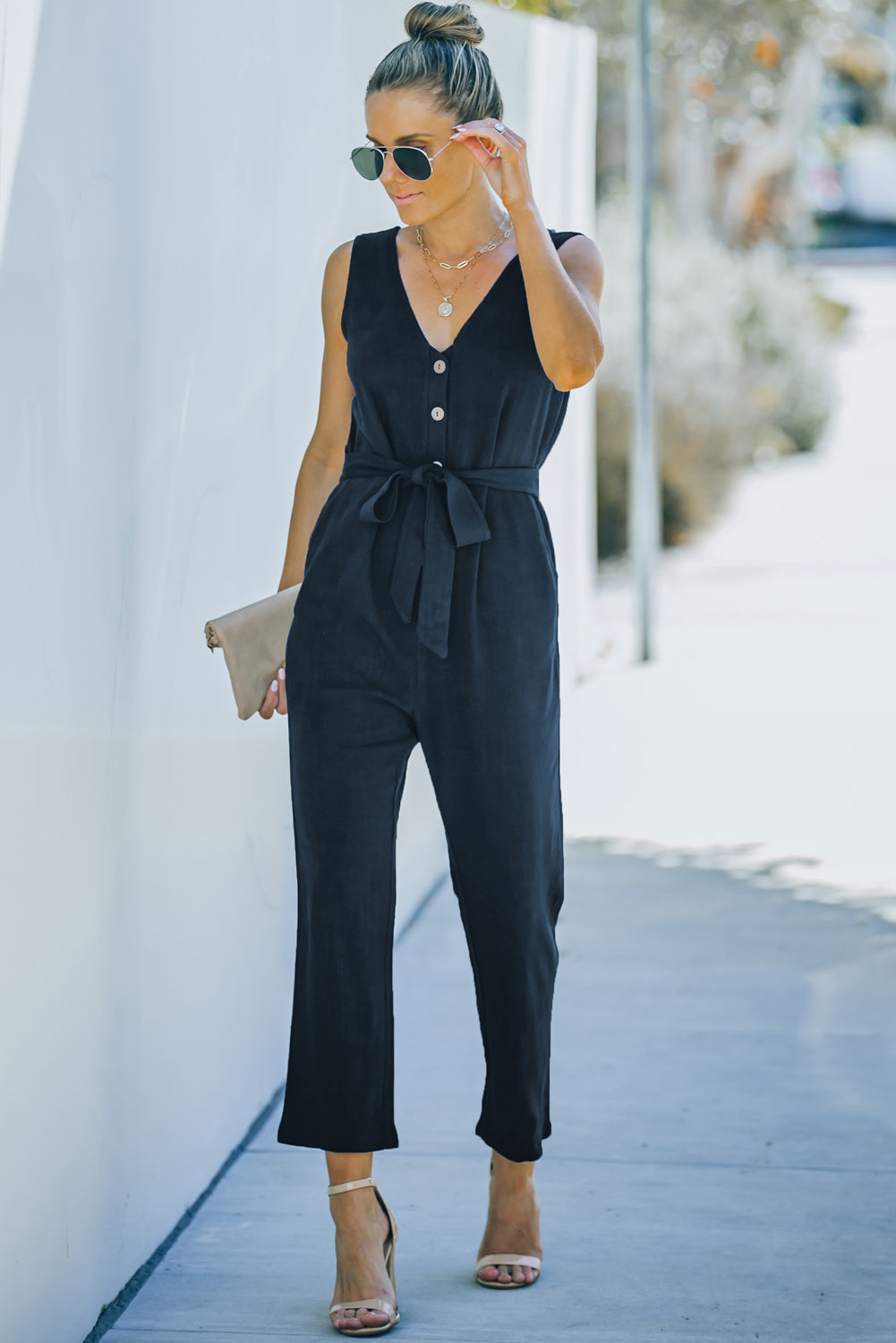 Blue V Neck Button Belted Jumpsuit With Pockets
