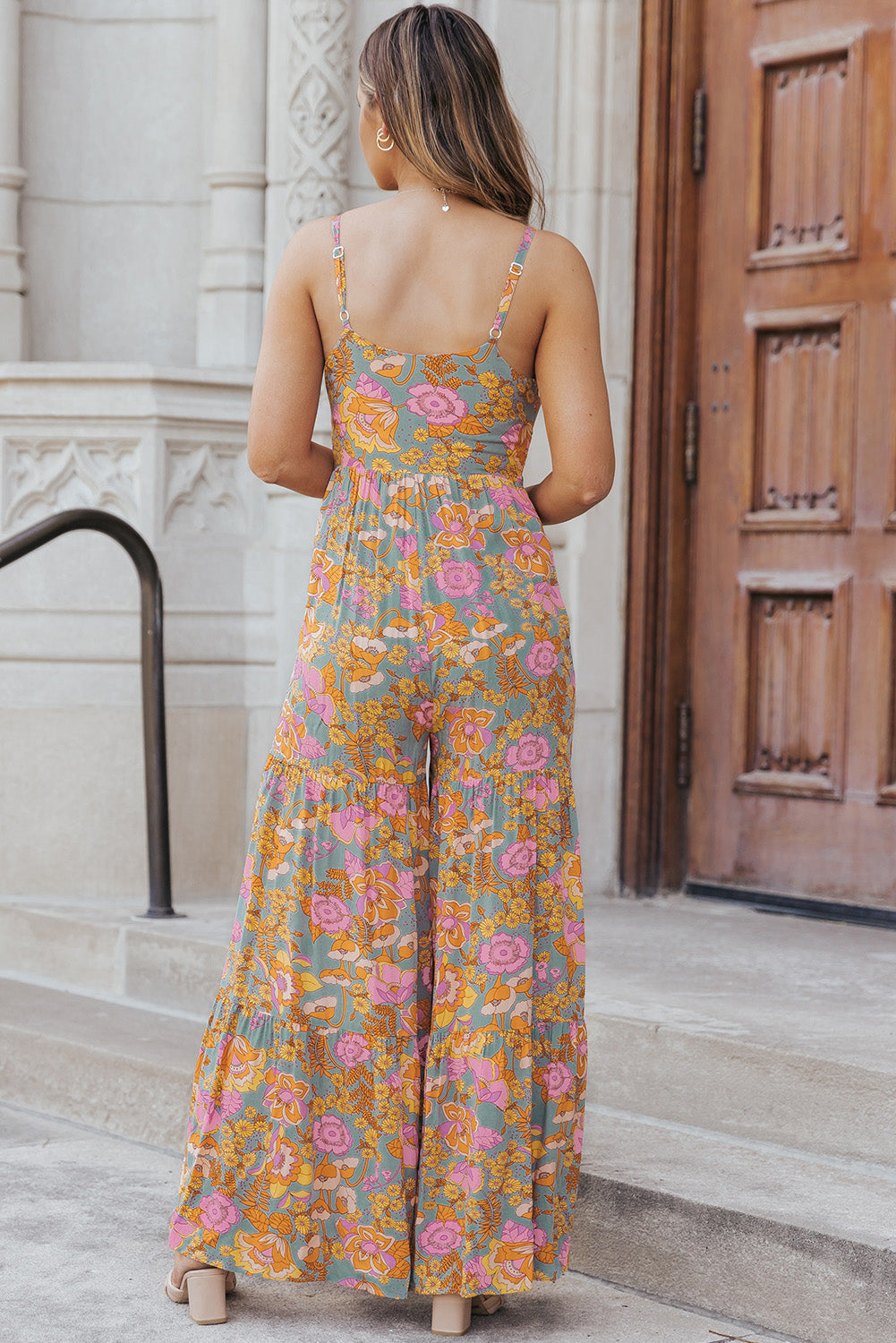 Sky Blue Floral Adjustable Straps Tiered Wide Leg Jumpsuit