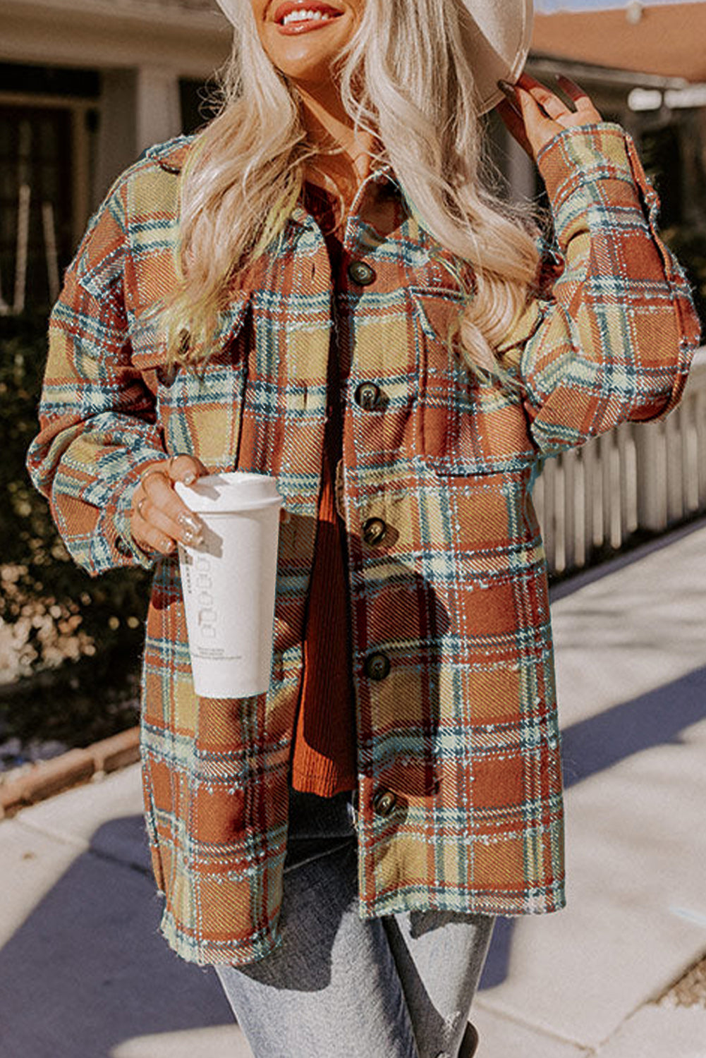 Dark Blue Oversized Flap Pockets Plaid Shacket with Slits