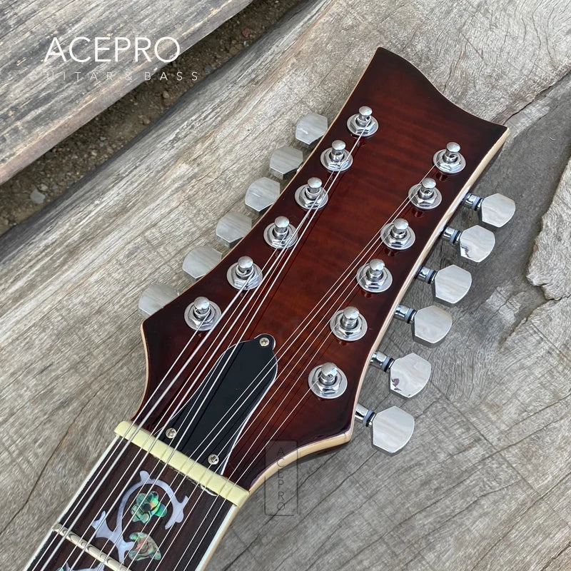 Grote Brown Burst 12 String Electric Guitar, F holes Semi Hollow Body, Abalone Flower Inlays