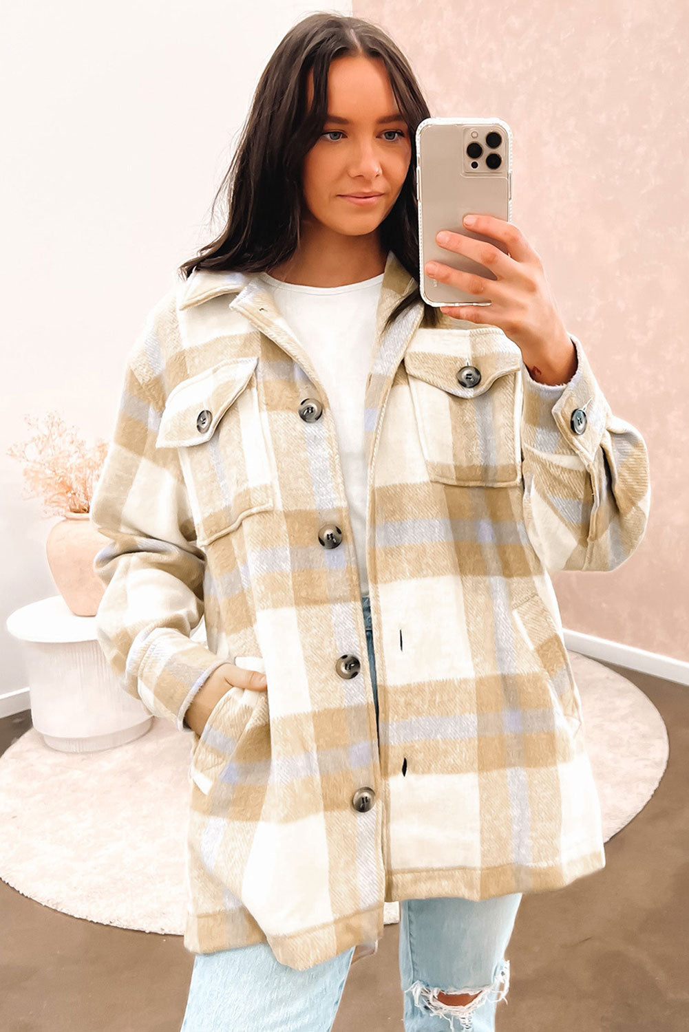 Black Plaid Button-Up Flap Pocket Belted Jacket