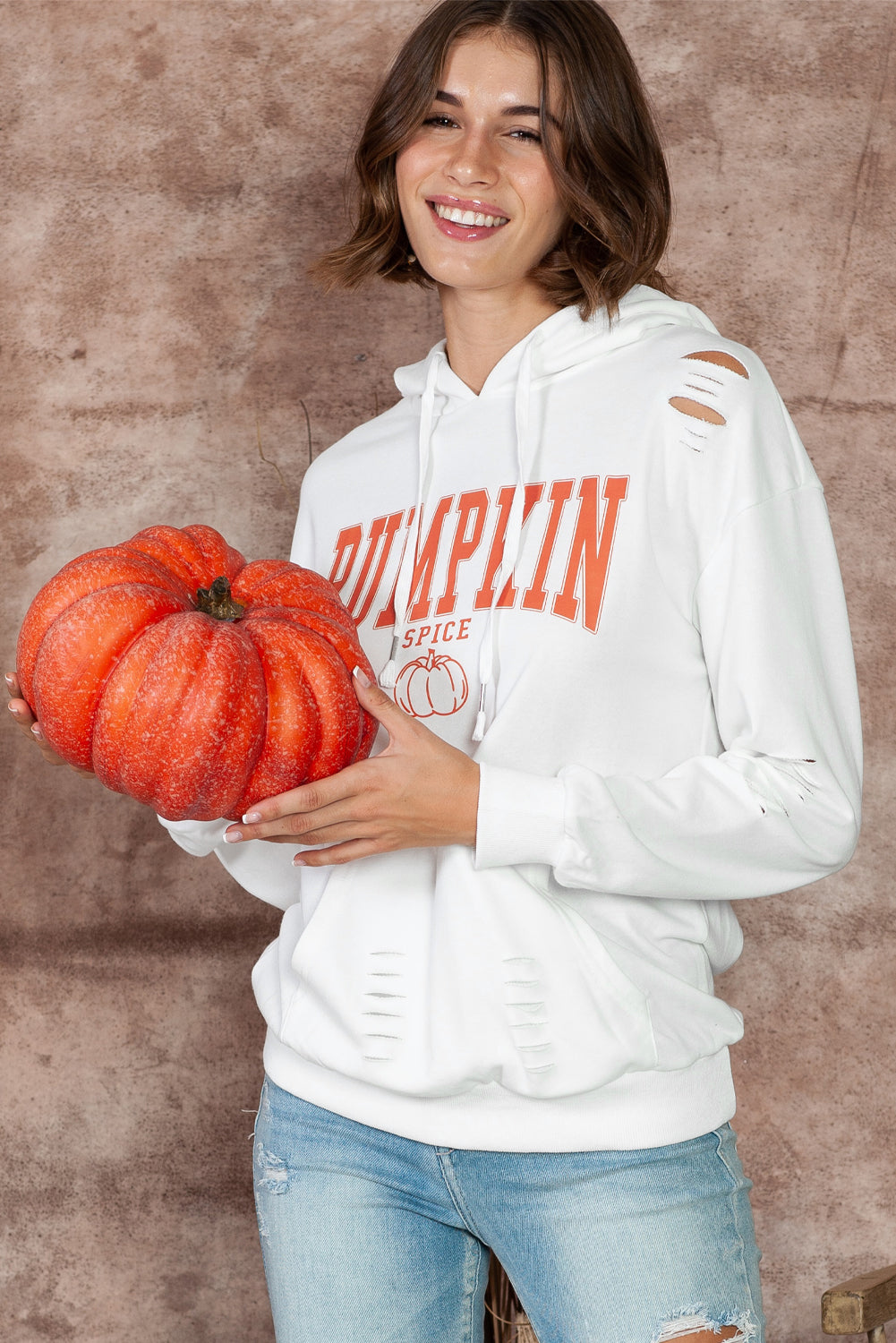 White PUMPKIN SPICE Distressed Graphic Hoodie