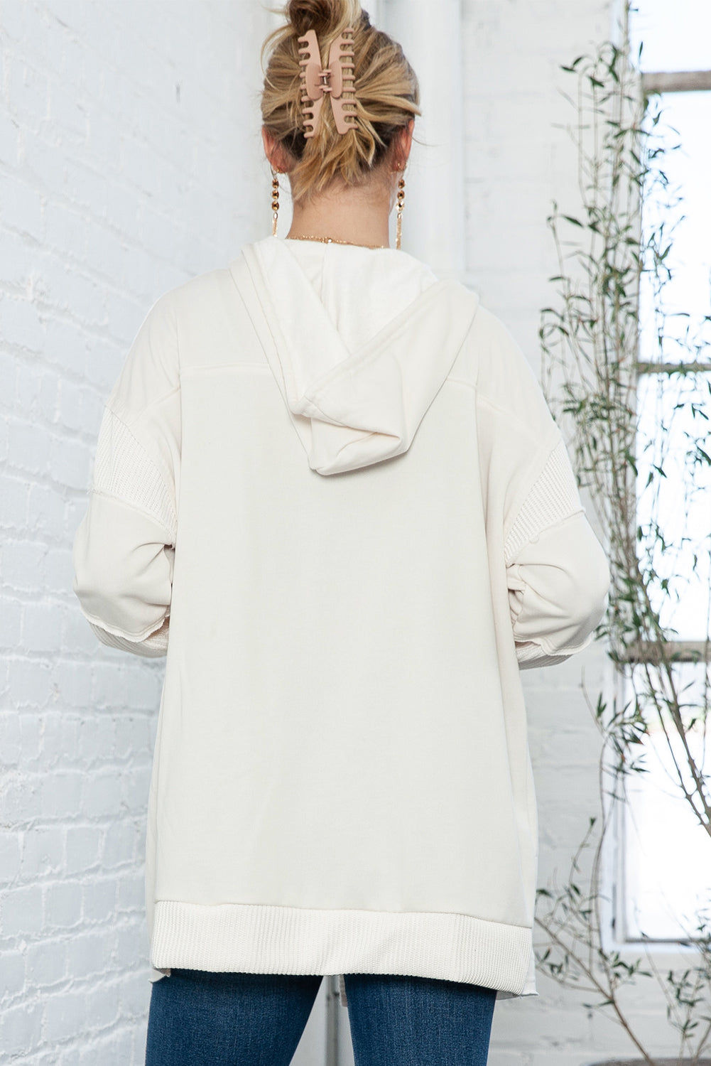 Beige Solid Color Button Down Long Hooded Cardigan