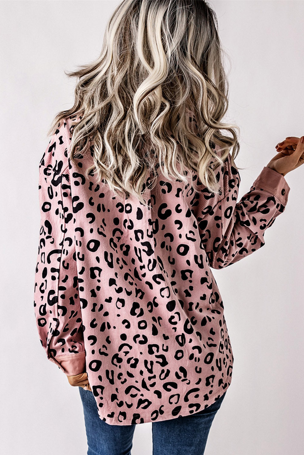 Apricot Leopard Collared Neckline Flap Pockets Corduroy Shacket
