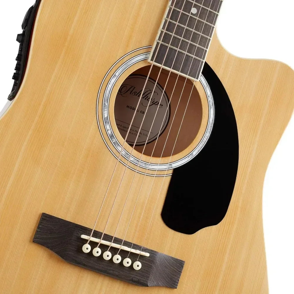 Ashthorpe Full-Size Dreadnought Cutaway Acoustic Electric Bundle - Premium Tone woods - Natural Guitar