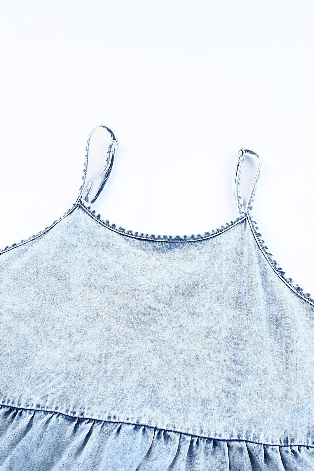 Light Blue Adjustable Straps Casual Tiered Ruffle Denim Dress