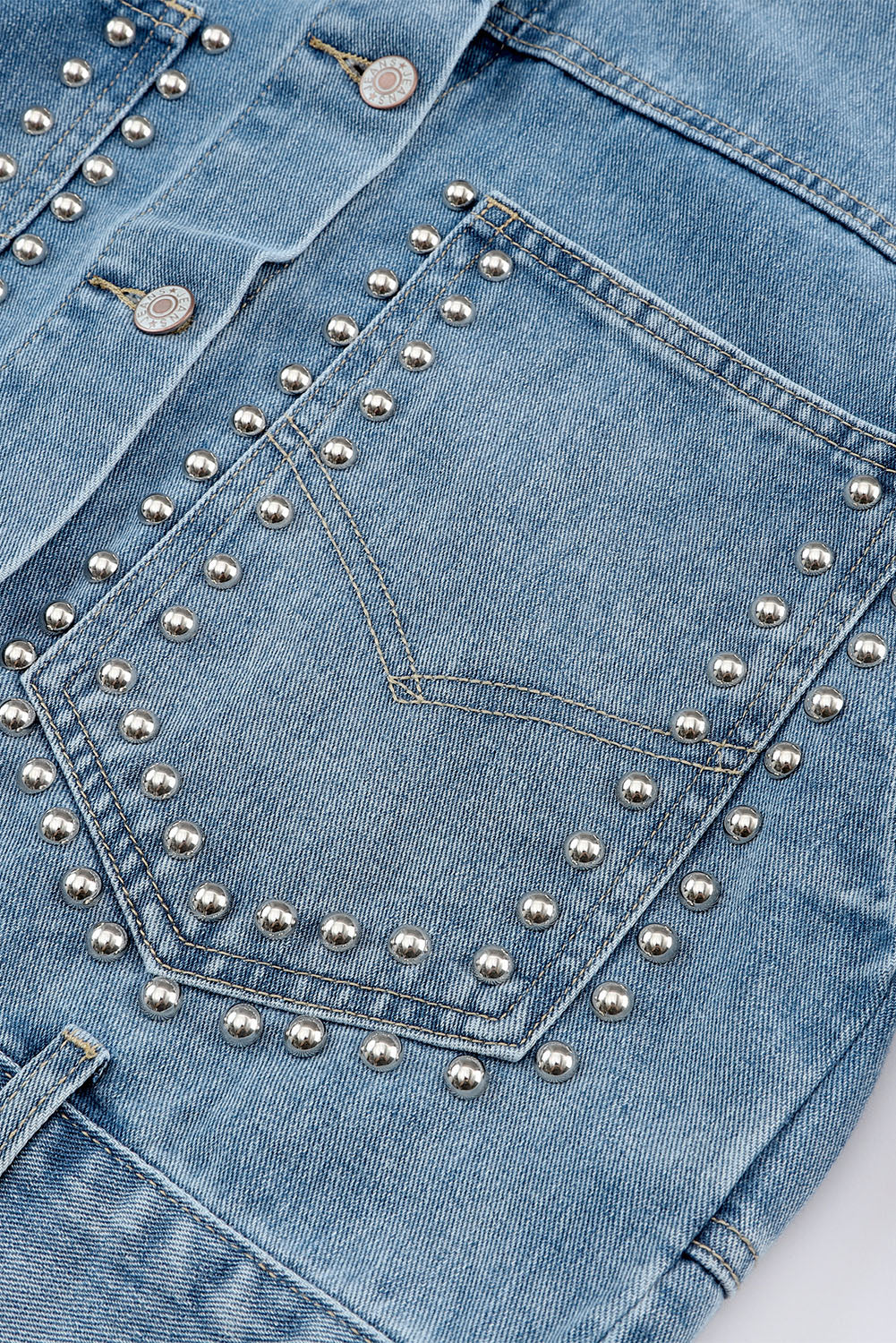 Blue Studded Button Up Light Wash Cropped Denim Jacket