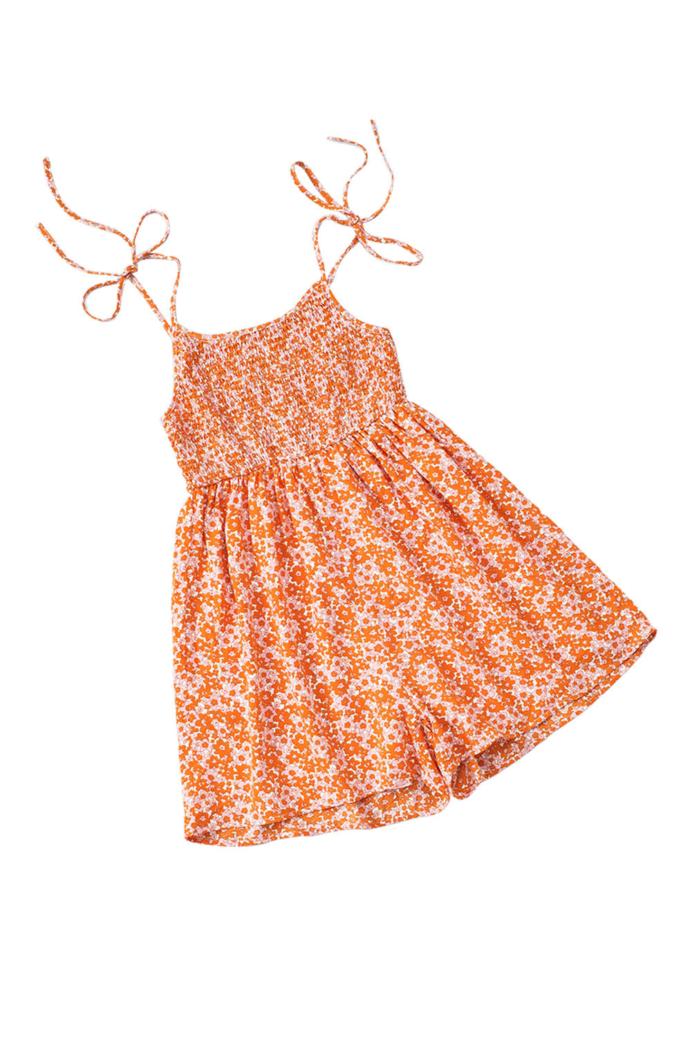 Orange Boho Floral Print Shirred Thin Straps Romper