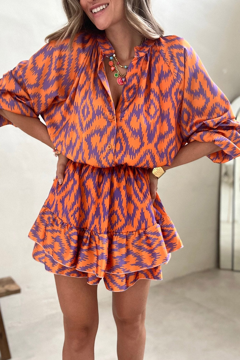 Orange Geometric Bubble Sleeve High Waist Romper