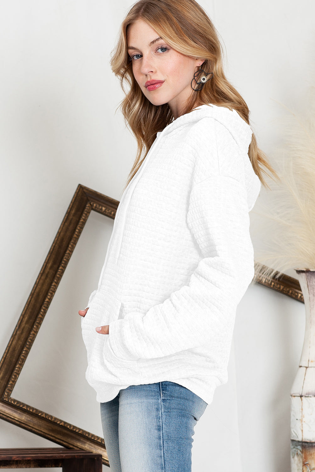 Khaki Lattice Textured Kangaroo Pocket Drawstring Hoodie