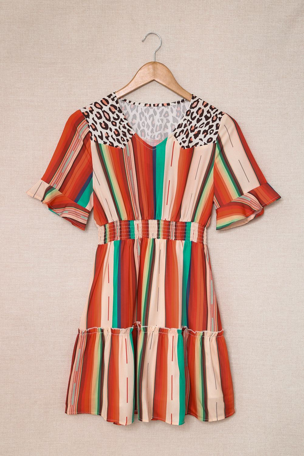 Multicolor Striped and Leopard Print Flounce Hem Short Dress