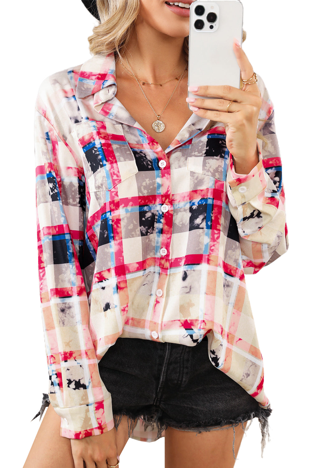 Red Gradient Plaid Long Sleeve Button Down Shirt Dress