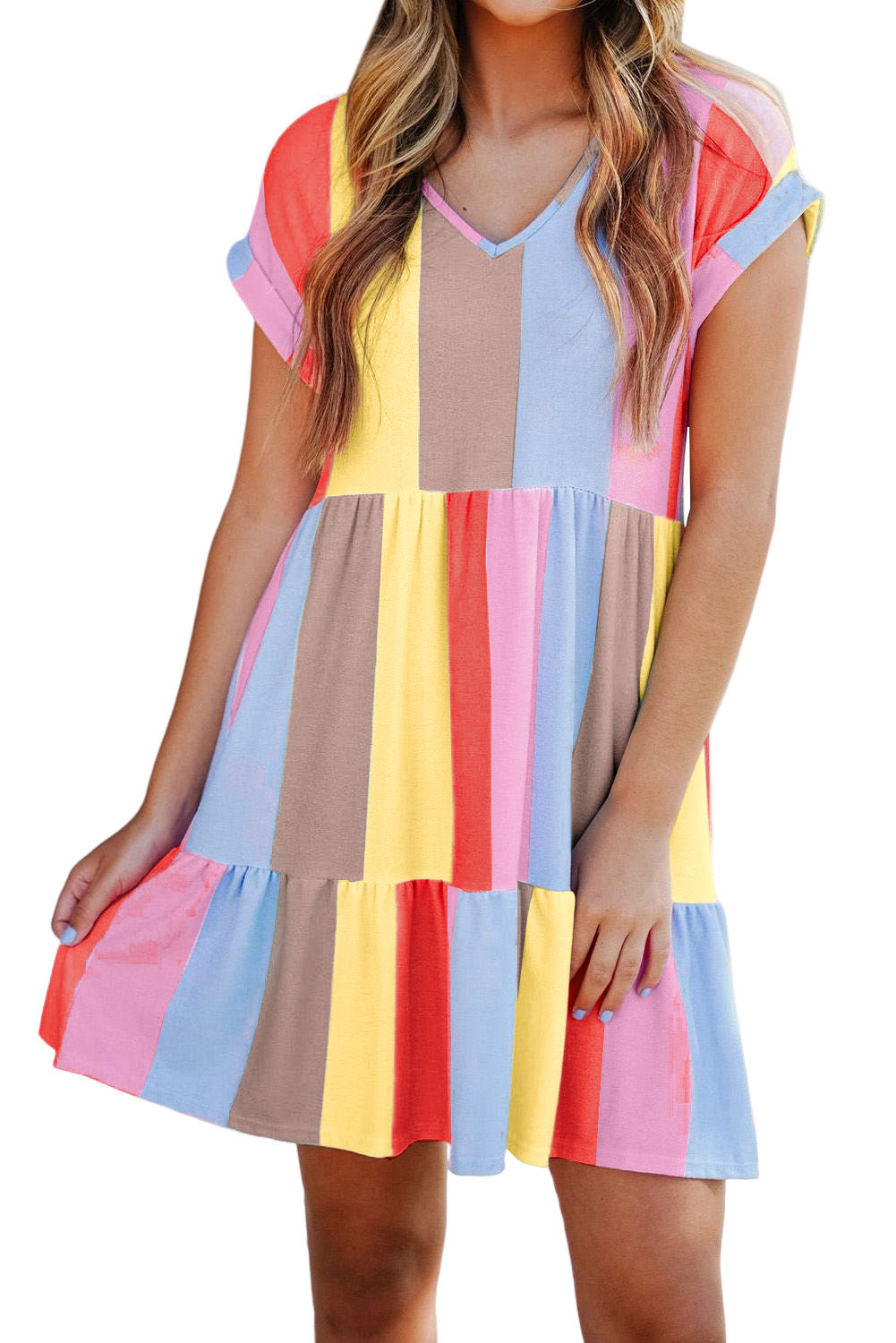 Red Multicolor Striped Color Block Tiered Short Dress